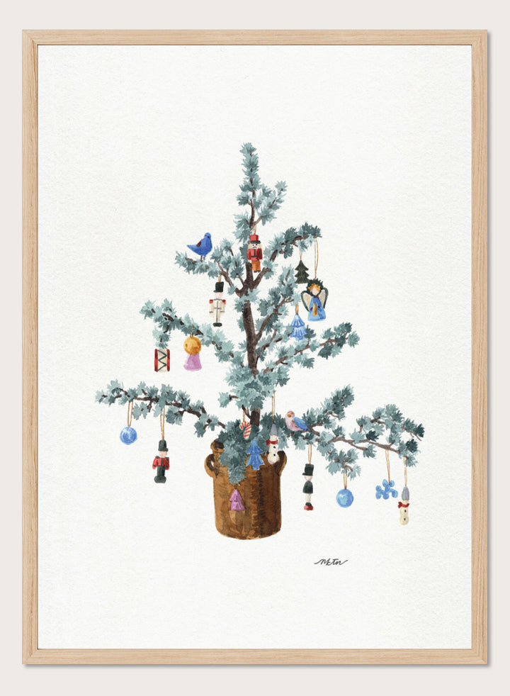 Shop Potted Festive Christmas Tree by NKTN, a Christmas wall art print poster featuring a decorated tree with nutcrackers, birds, bells, and vintage ornaments.