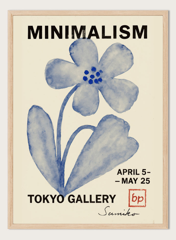 A minimalist art poster featuring a blue watercolor flower illustration on a cream background, with bold black text reading &
