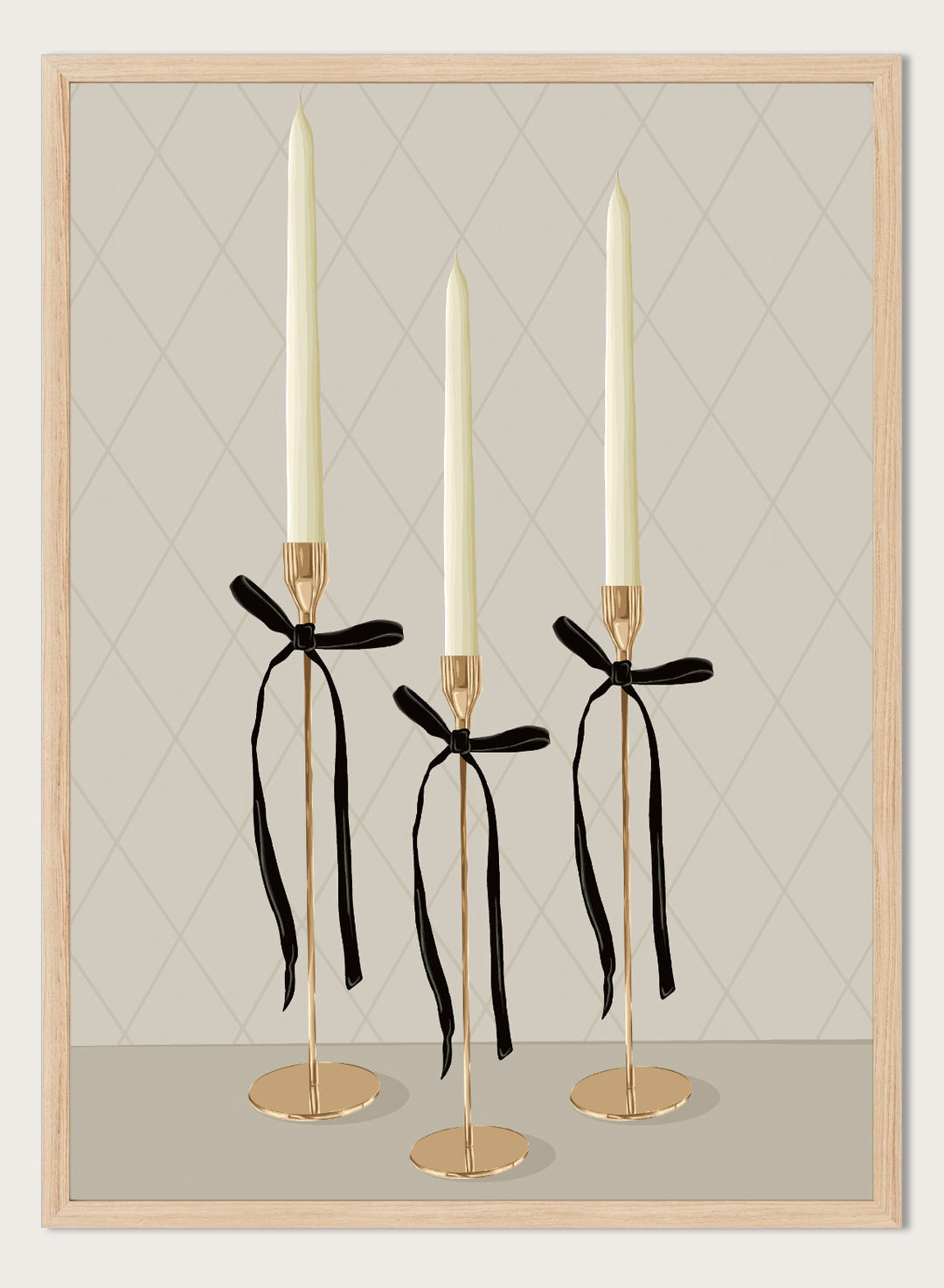 Three gold taper candle holders with cream candles and black ribbon bows, arranged on a light gray surface against a beige diamond-patterned background. Elegant Gold Taper Candles by Lisa Solomoniuk premium framed fine art print featuring gold candlesticks, cream tapers, and long black ribbons.