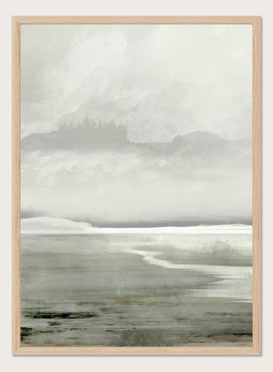 Shop Lakes No. 01 by Dan Hobday, a misty landscape art print featuring muted green water, distant hills, soft trees, and layered atmospheric texture.