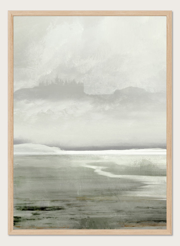 Shop Lakes No. 01 by Dan Hobday, a misty landscape art print featuring muted green water, distant hills, soft trees, and layered atmospheric texture.