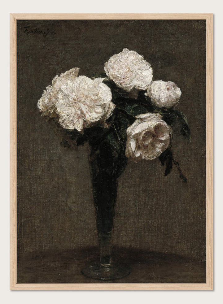 Shop Roses Flowers in a Vase by Henri Fantin-Latour, a vintage floral wall art print poster featuring pale roses in a dark vase against rich brown tones.