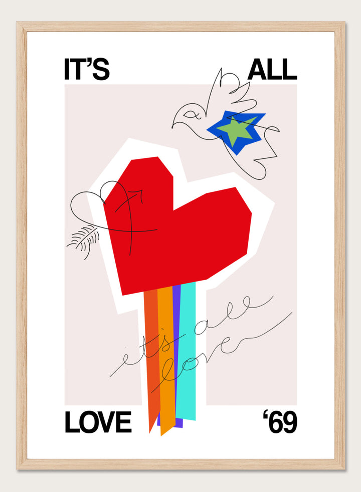 Colorful abstract design with a red heart and text on a light background. It’s All Love ’69 Heart Greige by Frances Collett is a colorful heart art print with rainbow stripes and expressive linework. Officially licensed contemporary wall poster with optional framing.