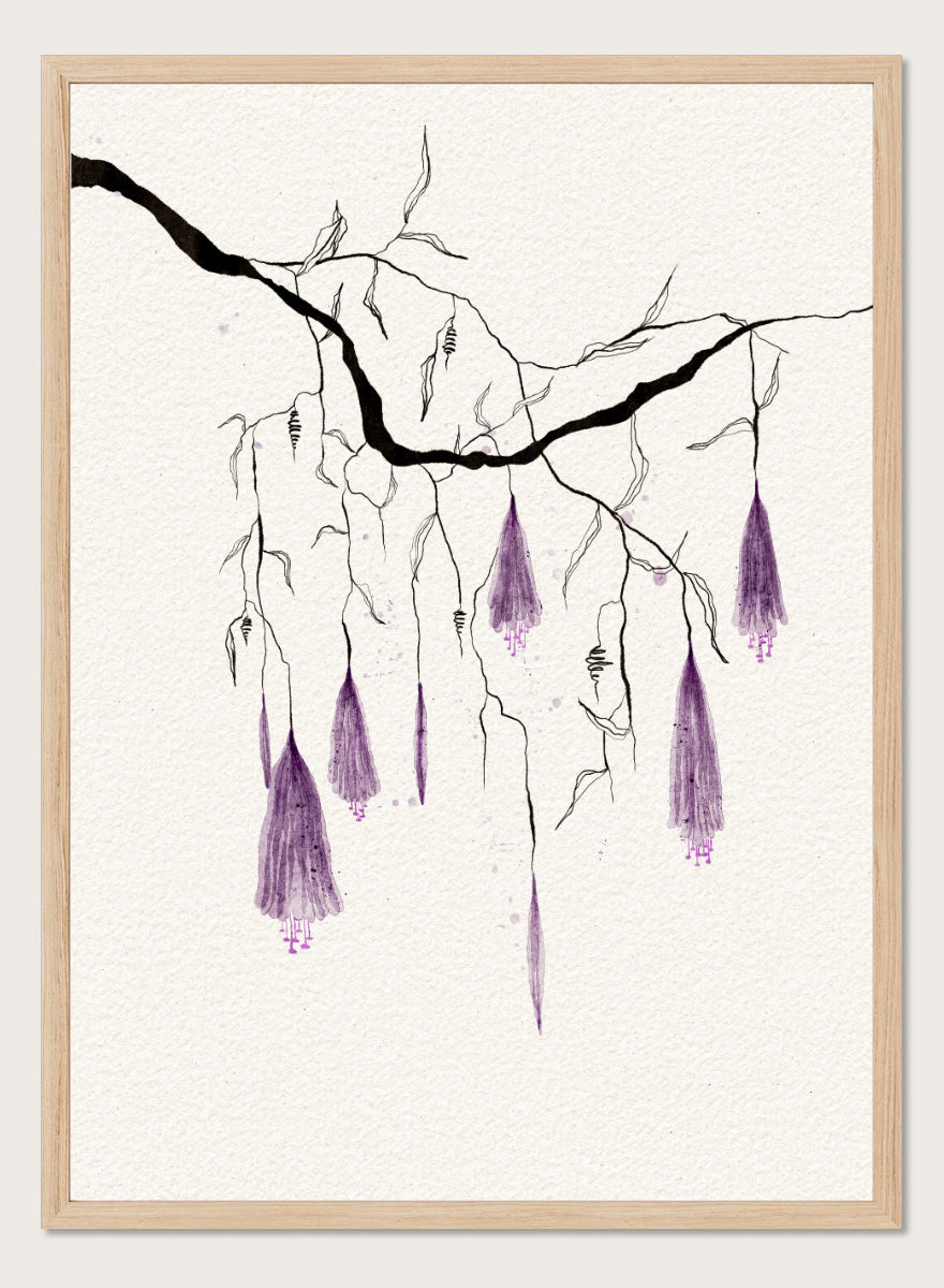 A framed art print featuring a delicate black ink sketch of willow branches with hanging purple blossoms on a textured off-white background. Shop Purple Hanging Blooms by Ankie Kooi, a floral wall art print poster with hanging purple flowers, botanical branch art, watercolor florals, black, and cream.