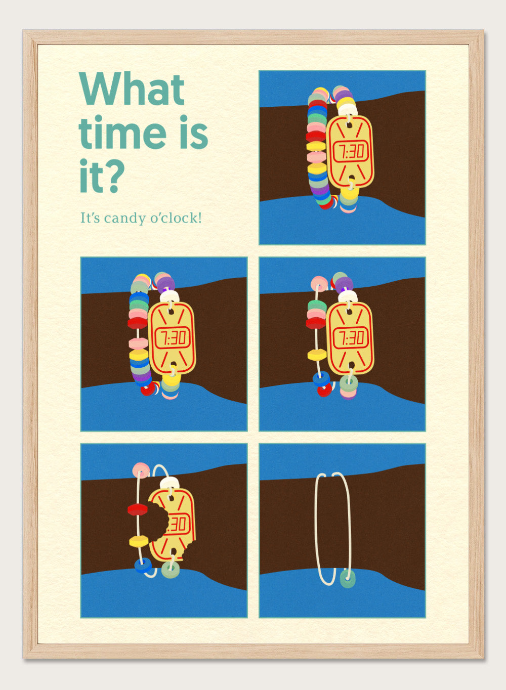 Cartoon character with a candy clock on wrist, asking 'What time is it? It's candy o'clock!' on a blue and brown background. Poster Candy Clock by Rosi Feist is a playful candy bracelet art print with bold Bauhaus design and retro color. Officially licensed modern wall poster.