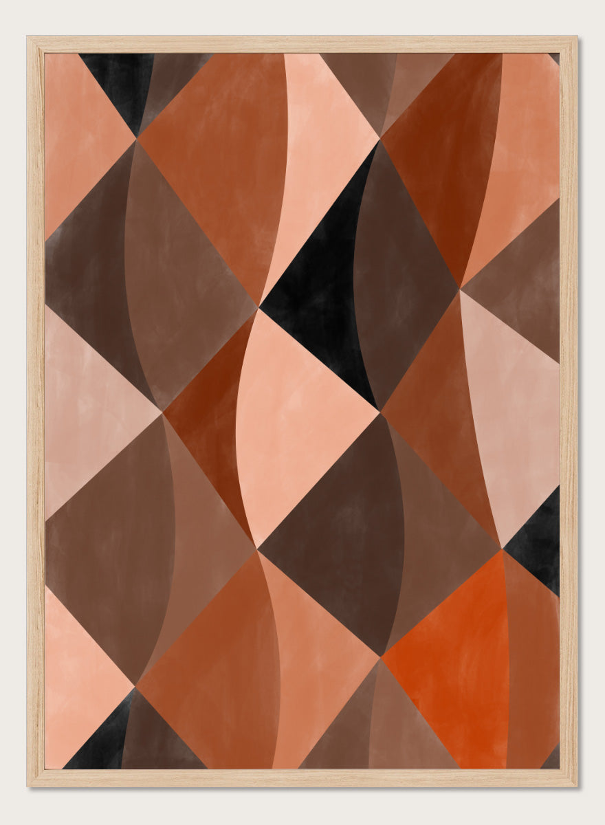 Shop Earthy Geometric Abstraction by Elena Ristova, a modern abstract wall art print poster featuring curved geometric shapes in rust, brown, pink, cream, and black.