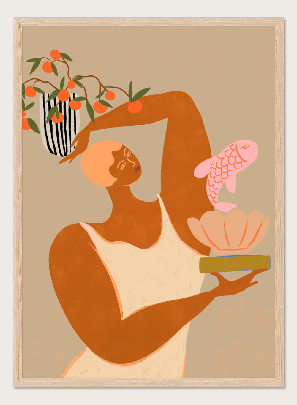Illustration of a person holding a shell with a fish and a vase with flowers on a beige background. Fish and Oranges by Arty Guava is a modern surreal art print of a woman holding a fish with orange still life details. Officially licensed wall poster.