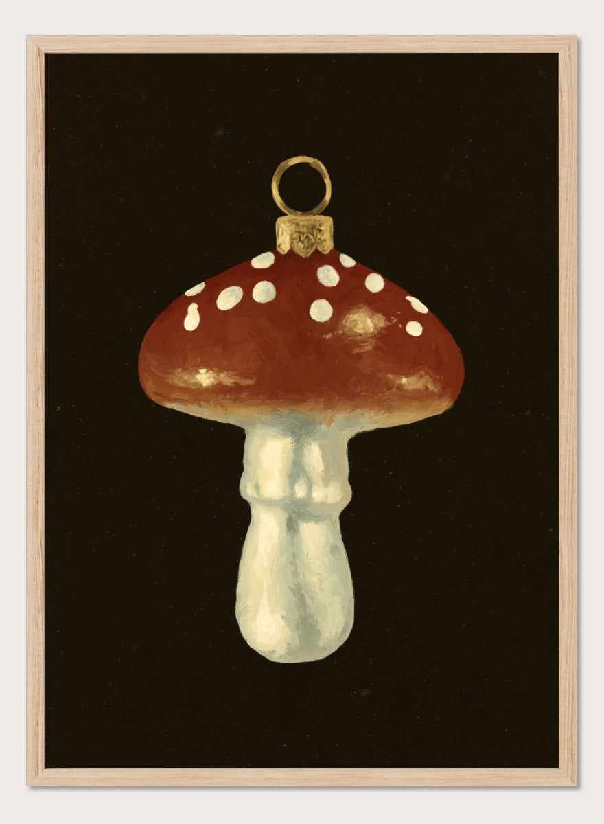 Shop Festive Mushroom Ornament by NKTN, a Christmas wall art print poster featuring a red-and-white mushroom ornament with vintage woodland holiday charm.