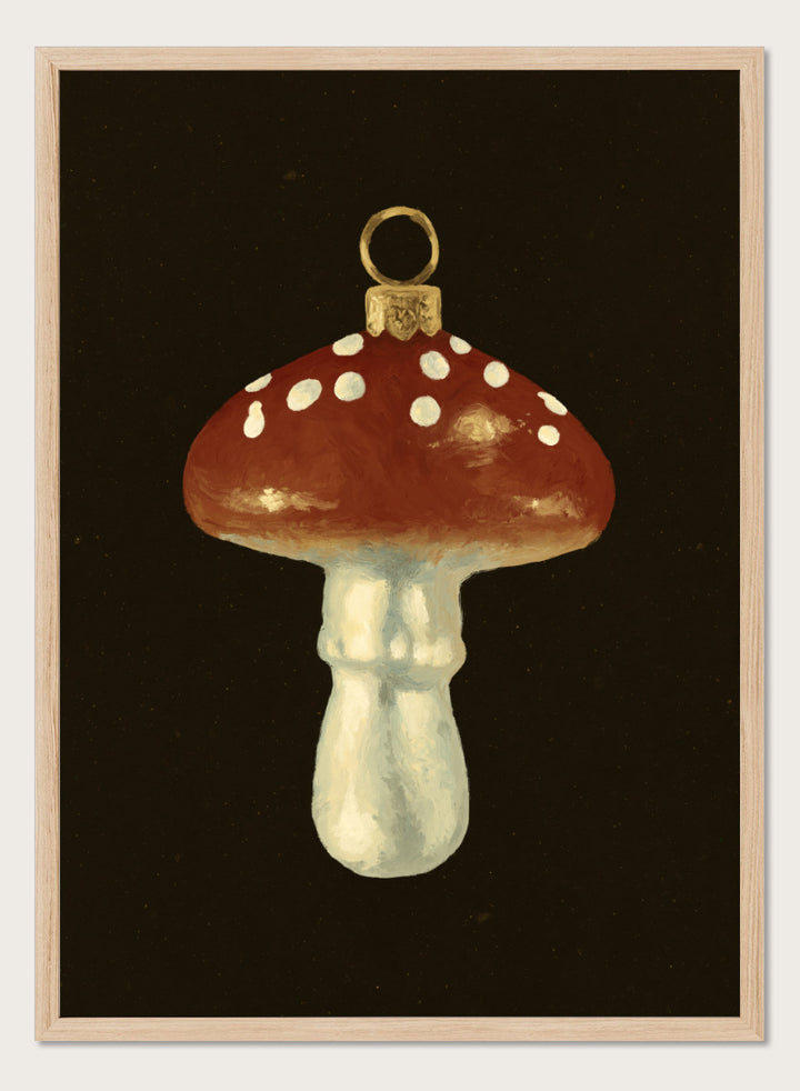 Shop Festive Mushroom Ornament by NKTN, a Christmas wall art print poster featuring a red-and-white mushroom ornament with vintage woodland holiday charm.