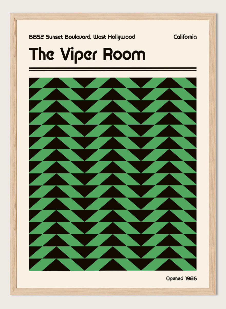 A poster-style graphic for The Viper Room, showing a cream background with black text reading the venue name and address, plus a large central green-and-black geometric pattern of repeating triangles. &