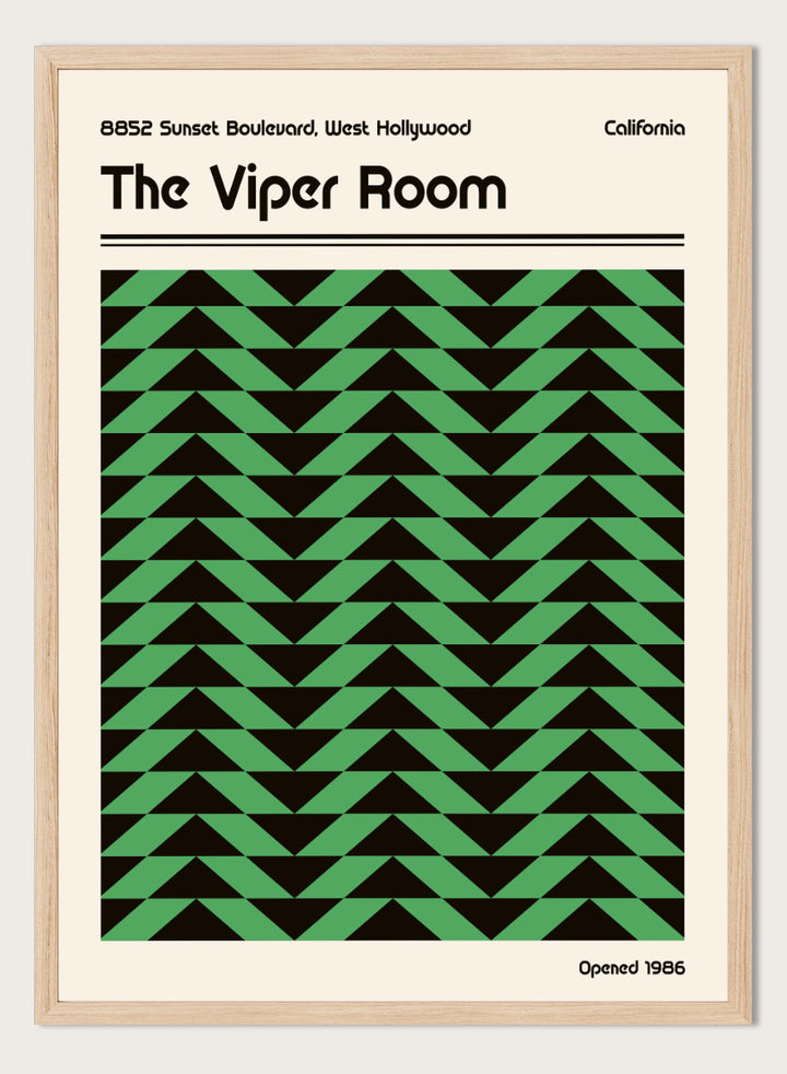 A poster-style graphic for The Viper Room, showing a cream background with black text reading the venue name and address, plus a large central green-and-black geometric pattern of repeating triangles. &