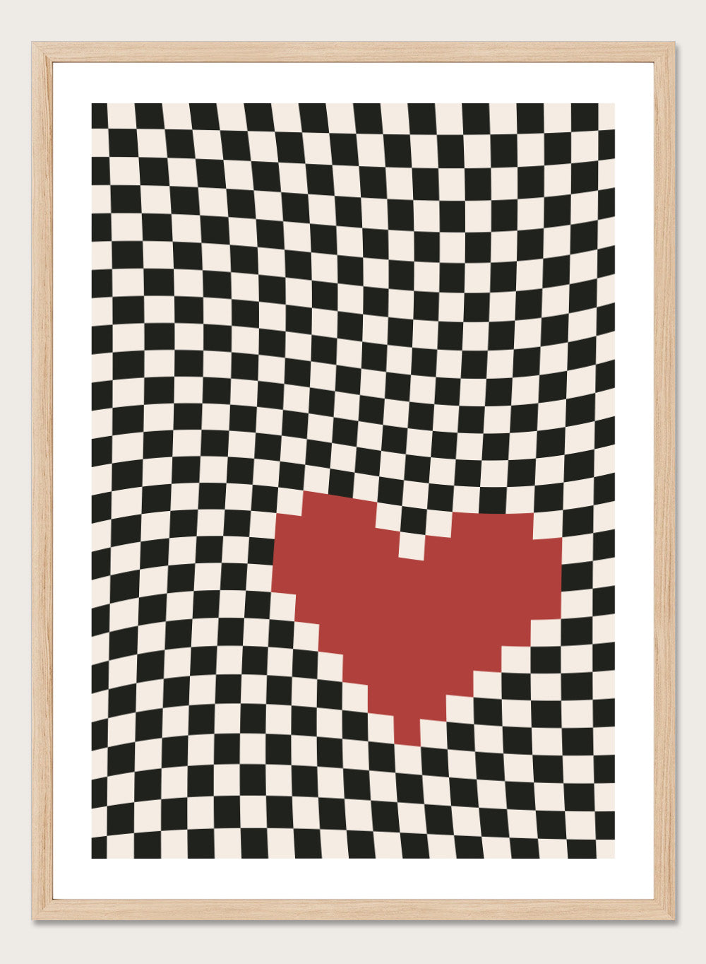 Checkered pattern with a red heart in the center. Pixel Heart by Frankie Kerr-Dineen features a red pixel heart on a wavy checkerboard background. Modern graphic art print and contemporary wall poster.