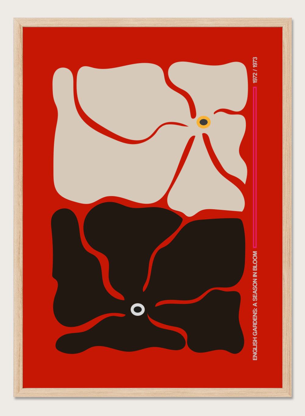 Abstract design with beige and black shapes on a red background. Two By Two Flower Red by Frances Collett is a modern abstract floral art print featuring two bold flowers in red, black, and cream tones. Officially licensed wall poster with optional framing.