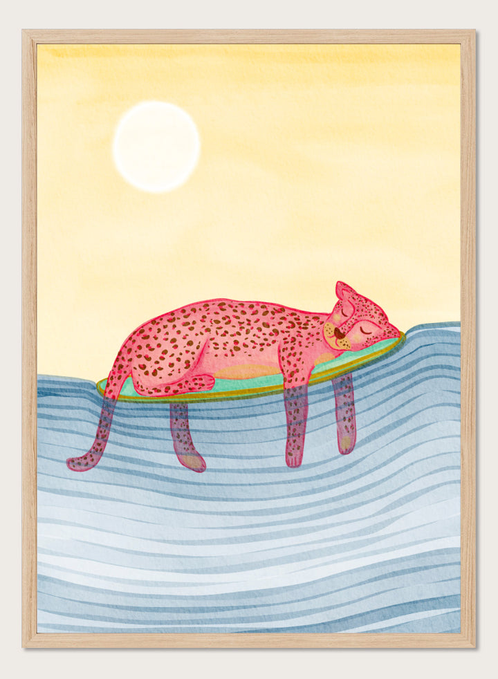 Shop Dreamy Leopard Float by Nikita Jariwala, a playful animal wall art print poster featuring a pink leopard relaxing on a pool float in blue water.
