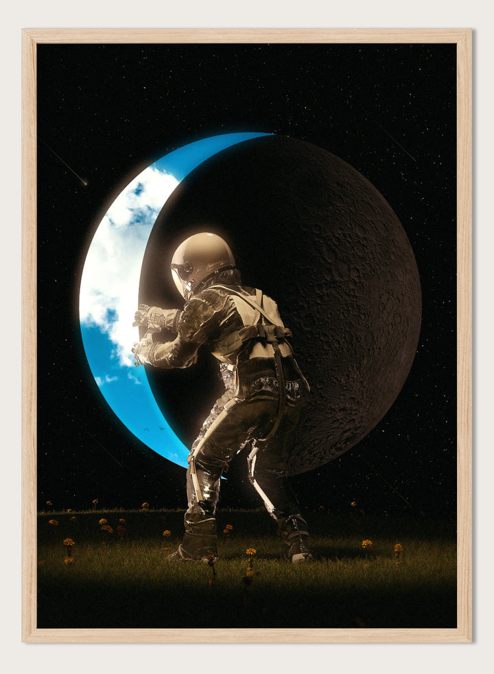 Astronaut standing on a moon-like surface with Earth visible through a crater. Astronaut Holding the Moon by Nicebleed is a surreal space art print featuring an astronaut pushing a crescent moon, modern aesthetic wall poster.