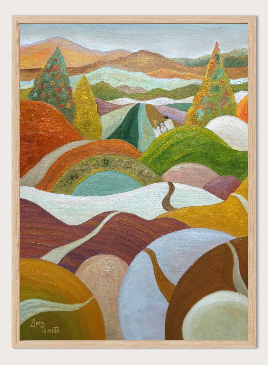 An abstract landscape painting featuring rolling hills, stylized trees, and distant mountains in a warm palette of orange, green, yellow, brown, and white. Shop Vibrant Hillside Path by Angeles M. Pomata, an autumn landscape art print with winding paths, rolling hills, and warm earthy tones.