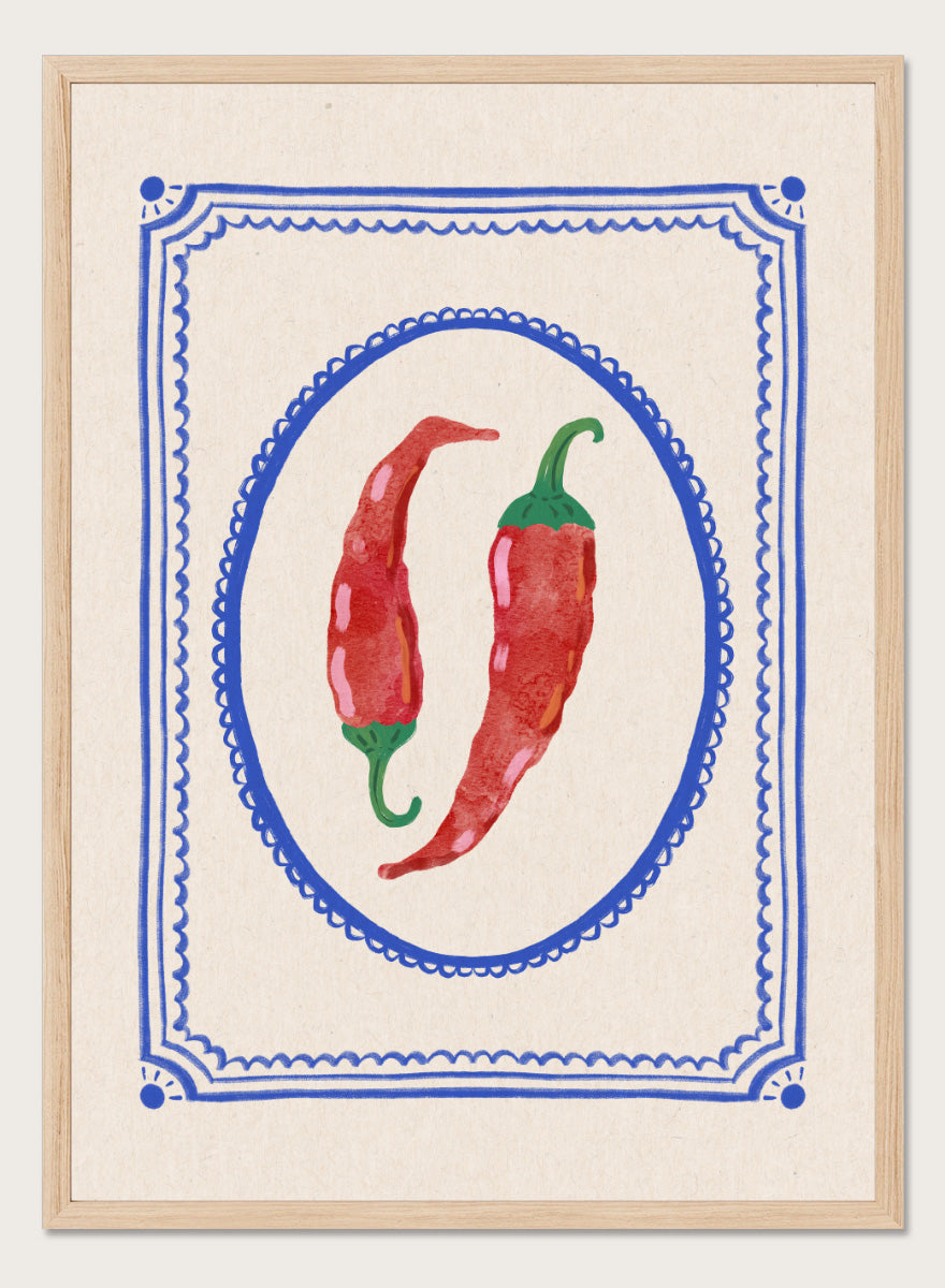 Spicy Chili Peppers by Katarzyna Gąsiorowska kitchen art print featuring red chilies in an ornate cobalt frame with vintage Mediterranean style.