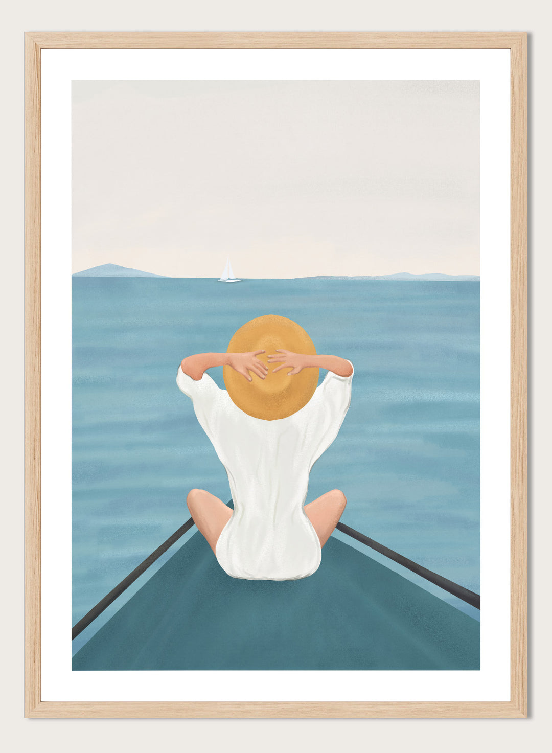Person sitting on a dock over water wearing a white dress and straw hat. Ocean Escape by Flow Line features a woman sitting on a boat overlooking the sea, creating a coastal art print inspired by travel, summer, and ocean living.