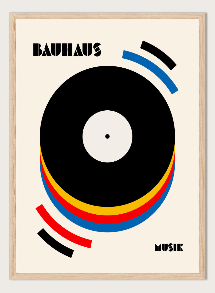 A Bauhaus-style poster featuring a large black vinyl record graphic with concentric red, yellow, and blue rings on a warm cream background, with the words &