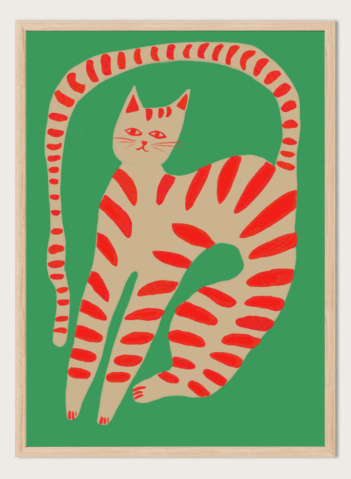 A stylized art print of a cat curled up in a circle, featuring a beige body with red stripes on a solid green background. Striped Cat Stretching by The Art Concept art print featuring a playful striped cat, green background, and bold red accents.