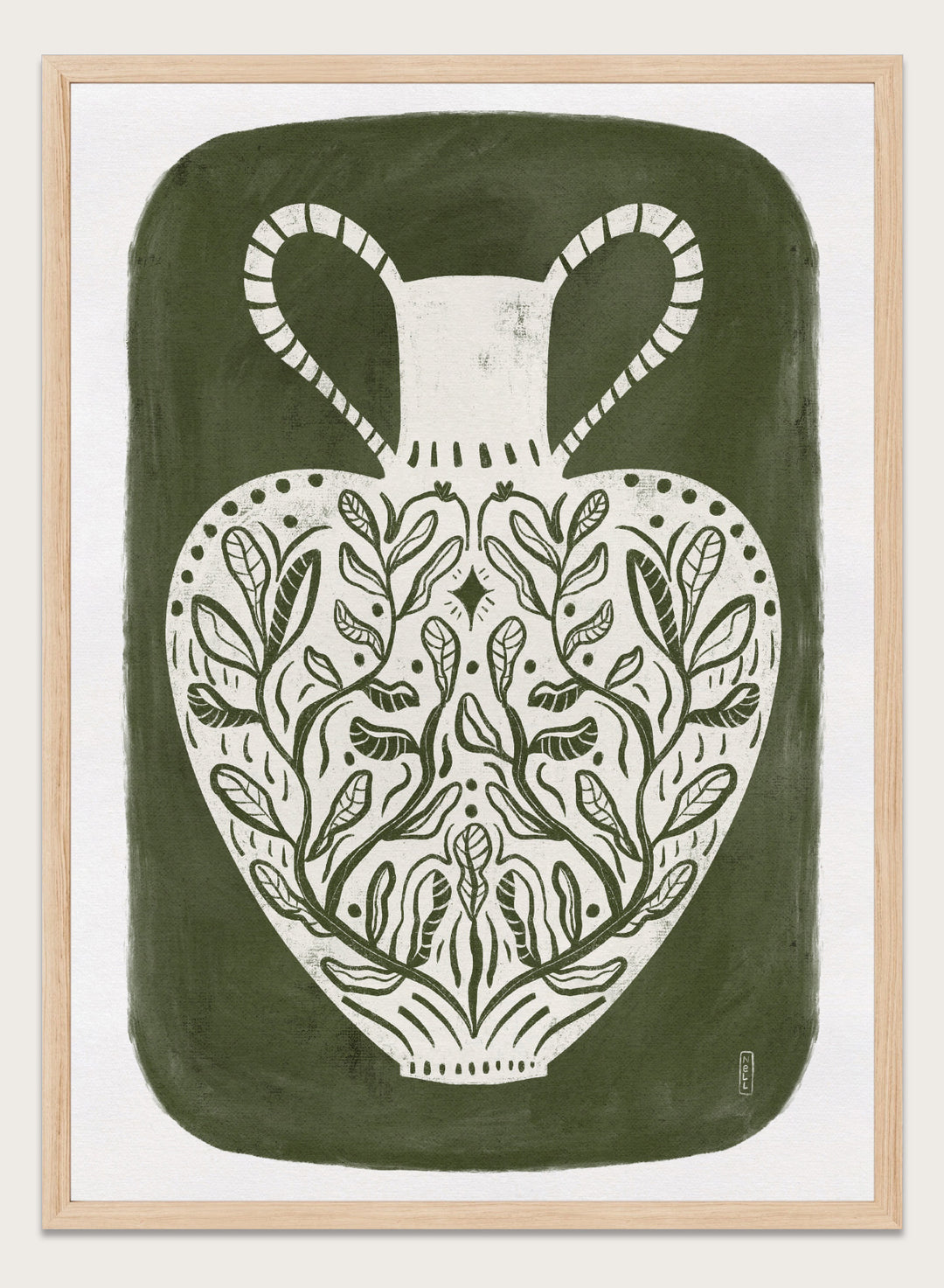 Botanical Folk Vase by Dirkie Nell is a modern folk art print featuring botanical vase illustration, olive green tones, and hand drawn Scandinavian inspired wall art.