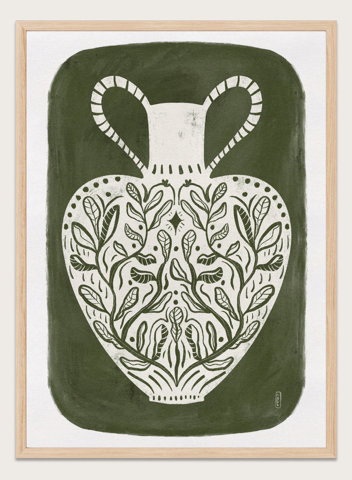 Botanical Folk Vase by Dirkie Nell is a modern folk art print featuring botanical vase illustration, olive green tones, and hand drawn Scandinavian inspired wall art.
