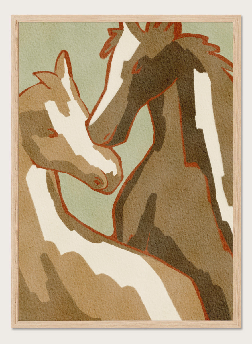 Shop Horse Love by Nikita Jariwala, a modern horse wall art print featuring two horses in a close affectionate pose, with warm beige, cream, and rust tones.