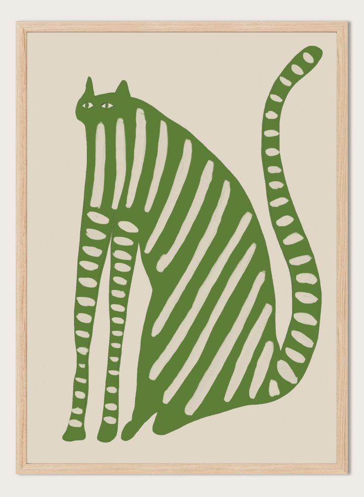 A stylized green cat illustration with vertical cream stripes and dotted details on a beige background. Playful Green Striped Cat by The Art Concept cat art print featuring an elongated green cat with cream stripes, long legs, and an oversized curved tail.