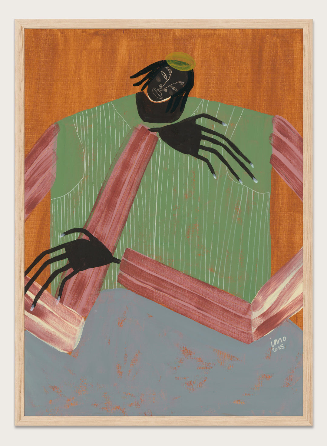 Artistic depiction of a person with spider-like hands and feet against a wooden background. No Place to Be by Studio IMO (Ibi Meier-Oruitemeka) is a modern figurative art print with a seated figure, bold color, and contemporary portrait wall poster design.