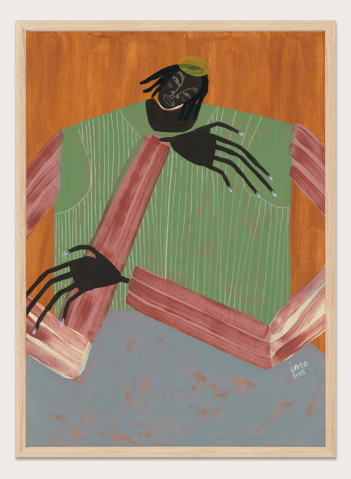 Artistic depiction of a person with spider-like hands and feet against a wooden background. No Place to Be by Studio IMO (Ibi Meier-Oruitemeka) is a modern figurative art print with a seated figure, bold color, and contemporary portrait wall poster design.