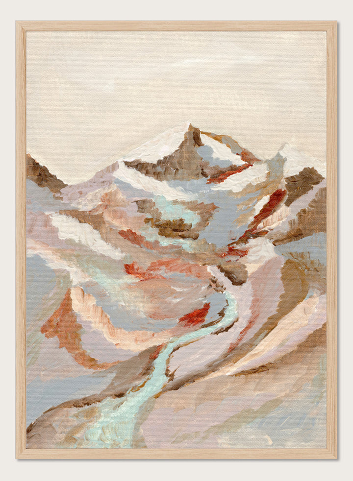 An abstract landscape painting of a snow-capped mountain range with a winding pale blue river, rendered in textured brushstrokes of beige, brown, gray, and muted red tones. Shop Painted Mountain River by Nikita Jariwala, a mountain landscape wall art print poster featuring a winding river, snowy peaks, and soft blue tones.