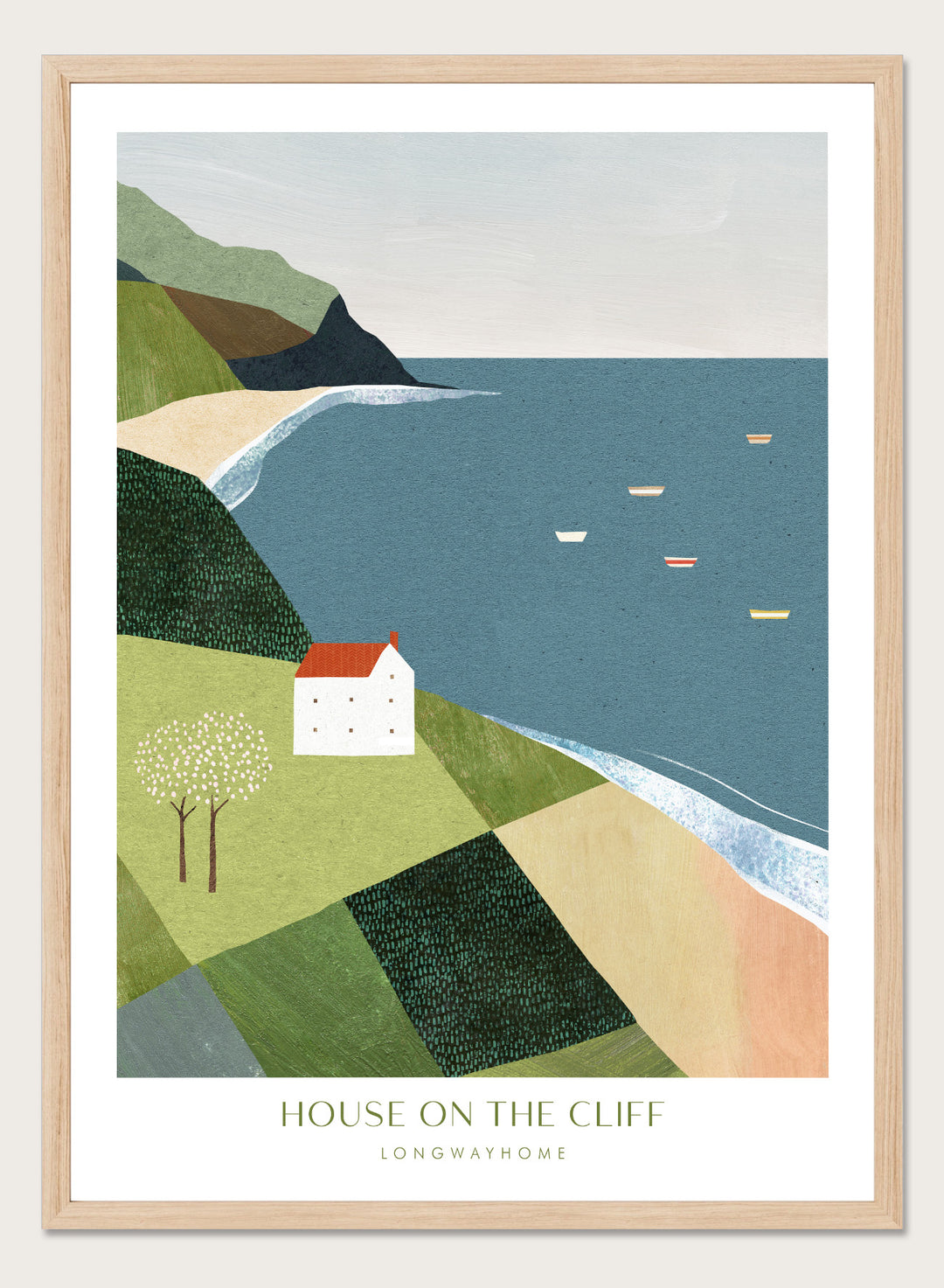 Illustration of a house on a cliff overlooking a coastal scene with boats. House on the Cliff by Longwayhome is a minimalist coastal landscape art print featuring ocean views, cliffside scenery, and modern travel inspired wall art.