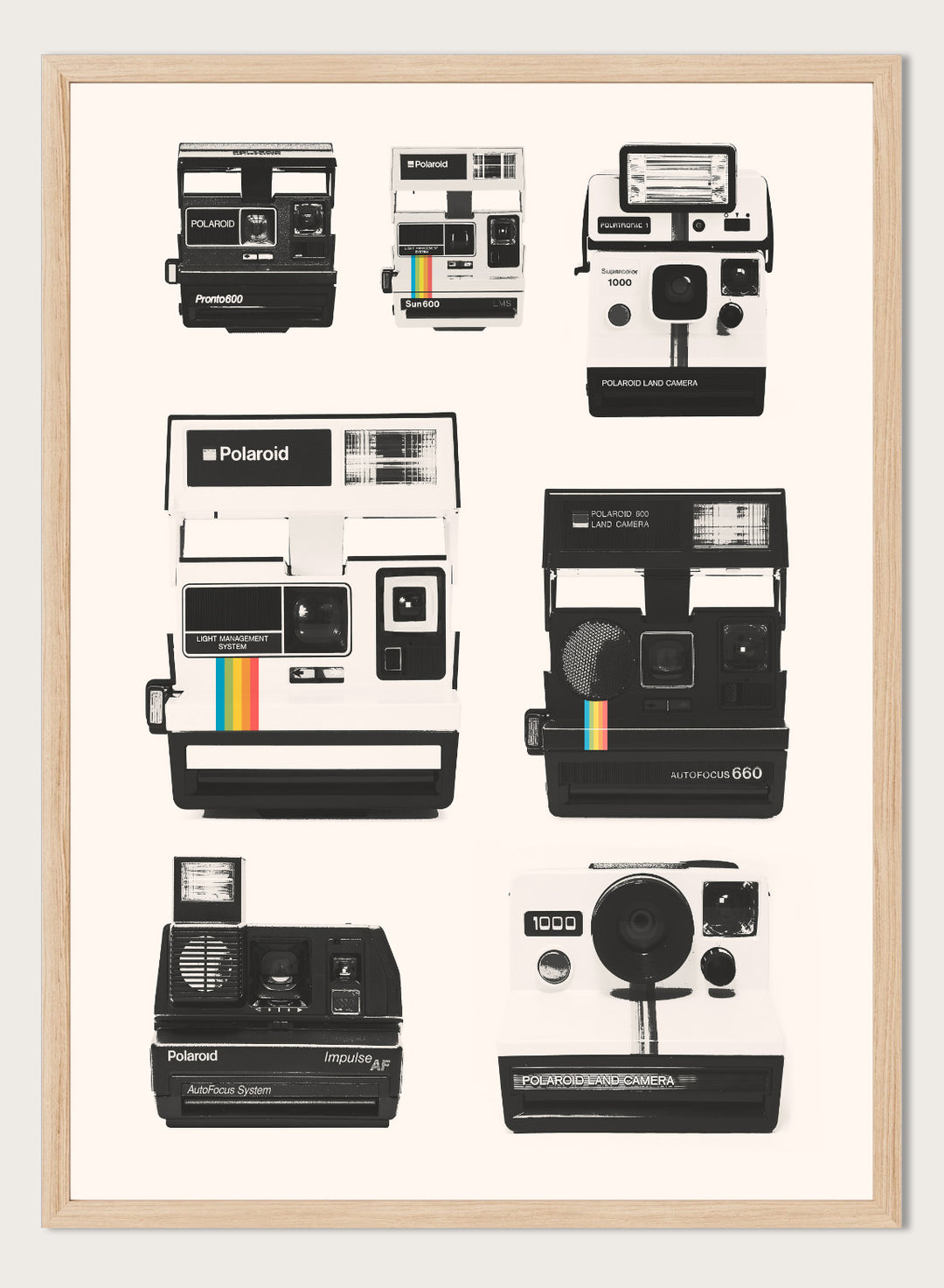 Collection of Polaroid cameras displayed against a white background. Vintage Instant Cameras by Florent Bodart is a retro camera art print featuring classic Polaroid designs, a modern wall poster for photography and design lovers.