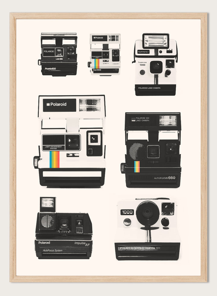Collection of Polaroid cameras displayed against a white background. Vintage Instant Cameras by Florent Bodart is a retro camera art print featuring classic Polaroid designs, a modern wall poster for photography and design lovers.