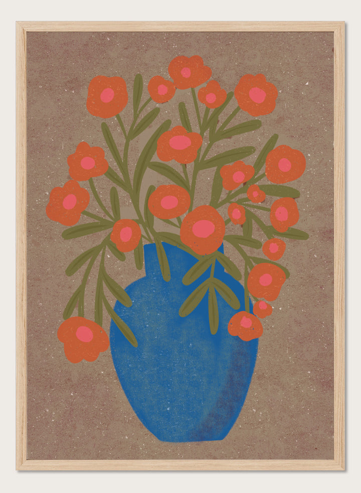 A stylized floral artwork showing orange flowers with pink centers and green stems arranged in a blue vase against a textured tan background. Shop Rustic Orange Floral Vase by Nikita Jariwala, a modern floral wall art print poster featuring a blue vase, orange flowers, and bold botanical style.