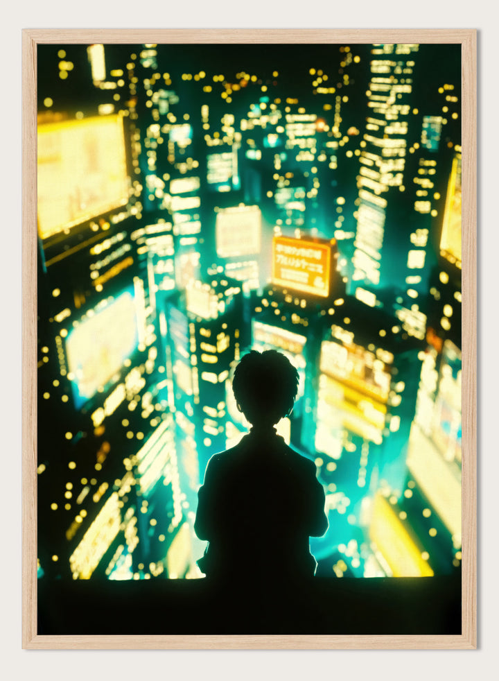 Silhouette of a person against a vibrant cityscape at night. Overlooking Tokyo by Taudalpoi neon cityscape art print with glowing skyscrapers and lone figure, cinematic cyberpunk inspired poster wall art.