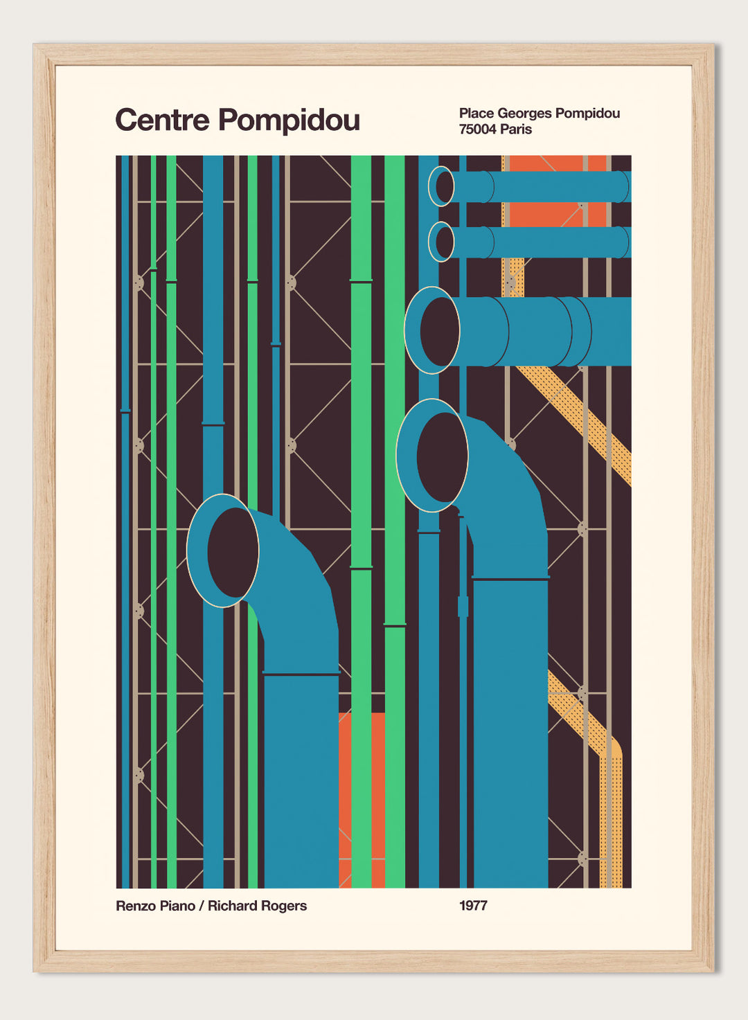 Poster of Centre Pompidou with abstract design and text. Colorful Architectural Pipes by Florent Bodart is a modern architectural art print inspired by Centre Pompidou pipes, a bold geometric wall poster with vibrant color.