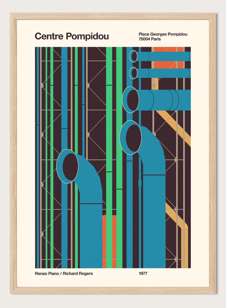 Poster of Centre Pompidou with abstract design and text. Colorful Architectural Pipes by Florent Bodart is a modern architectural art print inspired by Centre Pompidou pipes, a bold geometric wall poster with vibrant color.