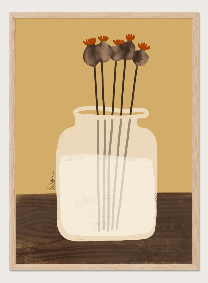 A stylized art print depicting a white glass jar filled with water, holding four dried poppy pods with orange tops, set against a warm tan background and a dark brown wooden surface. Shop Dried Poppy Pods Vase by Elsa Nätterdal, a botanical still life art print featuring dried poppy pods, a cream vase, and warm autumn tones.