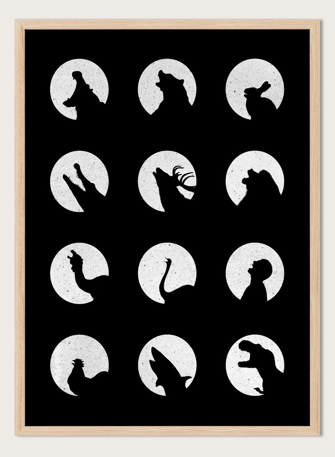 White silhouette of a dog howling at the moon pattern on a black background. Moonlit Wild Silhouettes by Florent Bodart is a minimalist animal silhouette art print with moon phases, a modern black wall poster with bold graphic design.