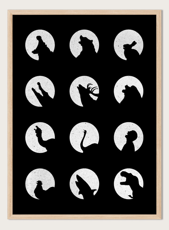 White silhouette of a dog howling at the moon pattern on a black background. Moonlit Wild Silhouettes by Florent Bodart is a minimalist animal silhouette art print with moon phases, a modern black wall poster with bold graphic design.