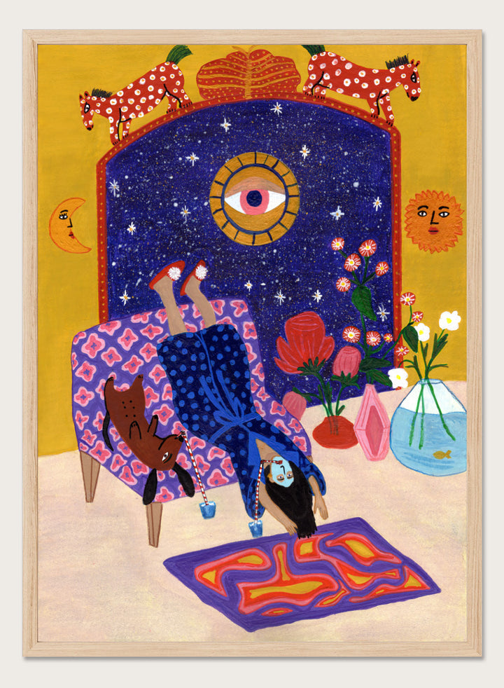 Colorful artwork of a person sitting on a chair with animals and decorative elements. Day Off From Office by Jota de Jai is a whimsical modern art print of a woman upside down with her dog, mid skincare routine, officially licensed wall poster with framing.