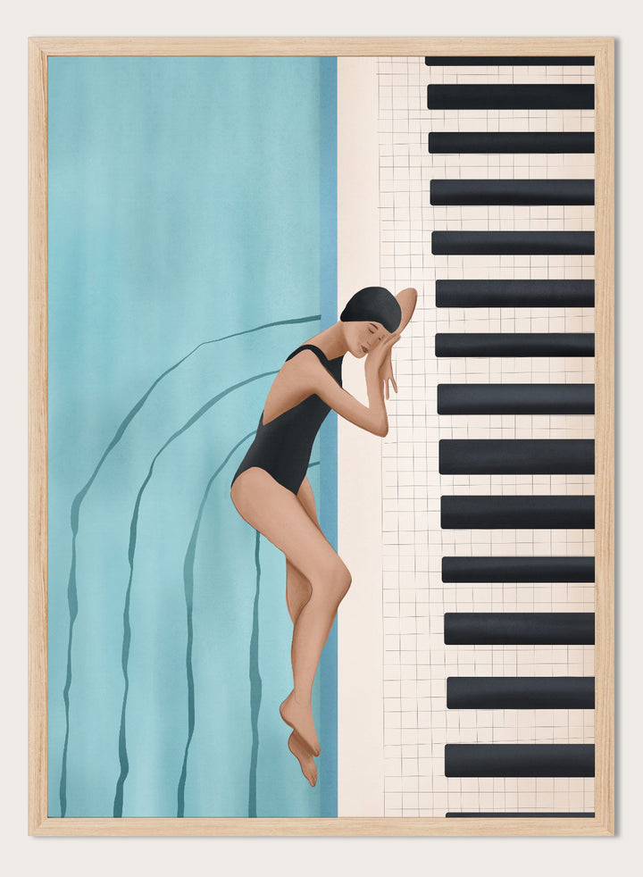 Woman in a black swimsuit diving into water next to a piano keyboard. Swimmer's Piano Dream by Flow Line features a swimmer resting beside piano keys, blending music, water, and surreal dreamlike imagery in modern wall art.