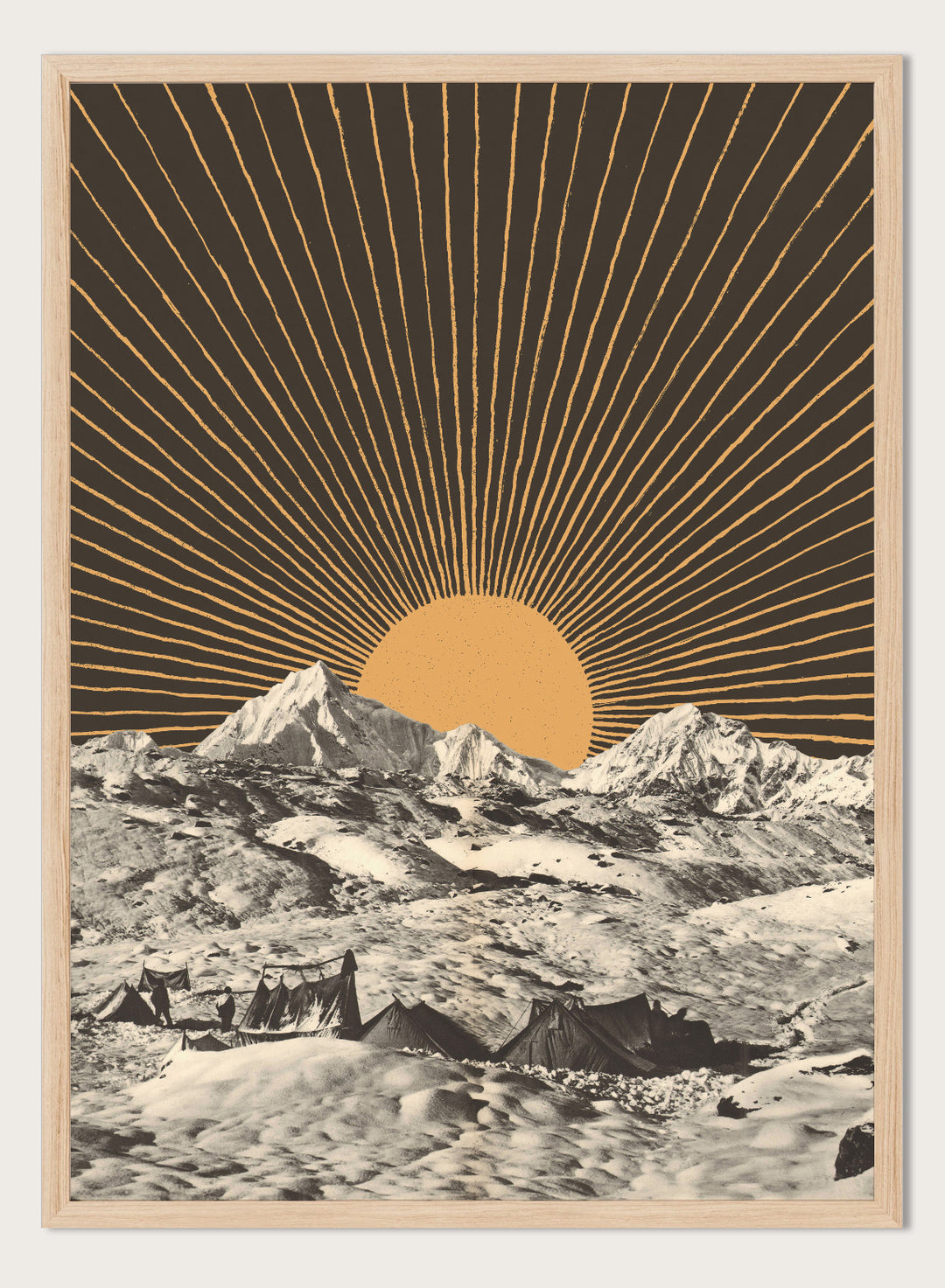 Mountain landscape with a sunburst design in the sky. Mountain Base Camp Sunrise by Florent Bodart is a modern landscape art print with mountains and sunrise rays, a vintage-inspired wall poster with bold graphic contrast.