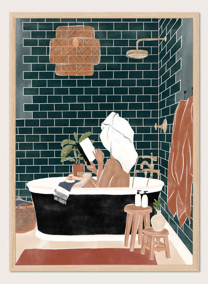 Bathroom Babe by Ivy Green is a contemporary illustration art print featuring a woman relaxing in a bathtub. Premium fine art print with real wood framing.
