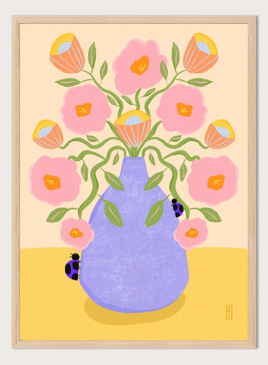 A stylized floral art print showing pink flowers with orange centers and green stems arranged in a light purple vase on a pale yellow surface. Shop Pink Flowers Ladybugs by Dirkie Nell, a colorful floral art print featuring pink flowers, a lavender vase, green stems, and playful ladybugs.