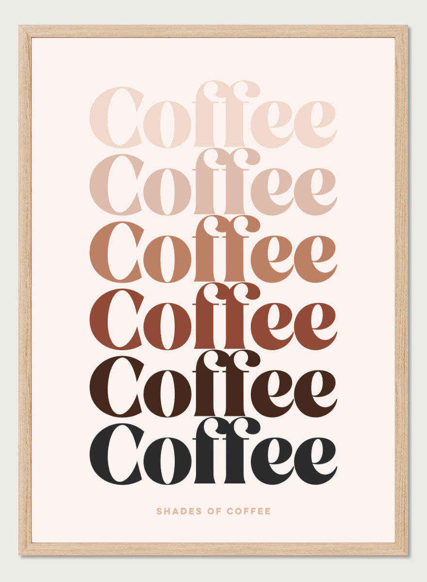 Shop Coffee Color Palette by Dominique Vari, a retro typography wall art print poster featuring layered coffee lettering in cream, beige, caramel, brown, and black.