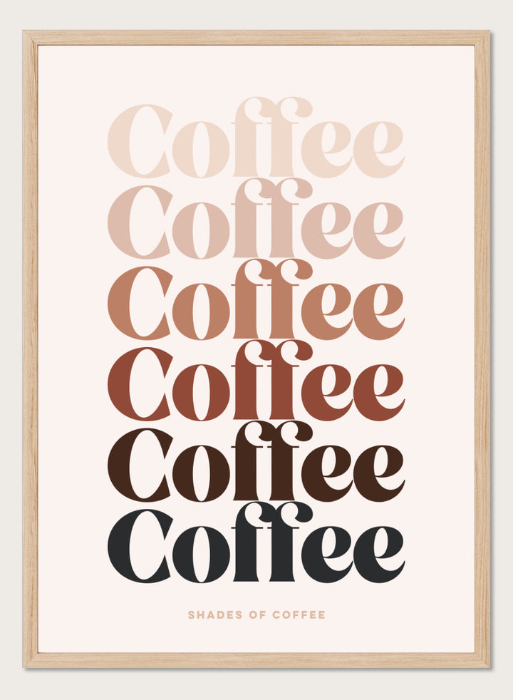 Shop Coffee Color Palette by Dominique Vari, a retro typography wall art print poster featuring layered coffee lettering in cream, beige, caramel, brown, and black.