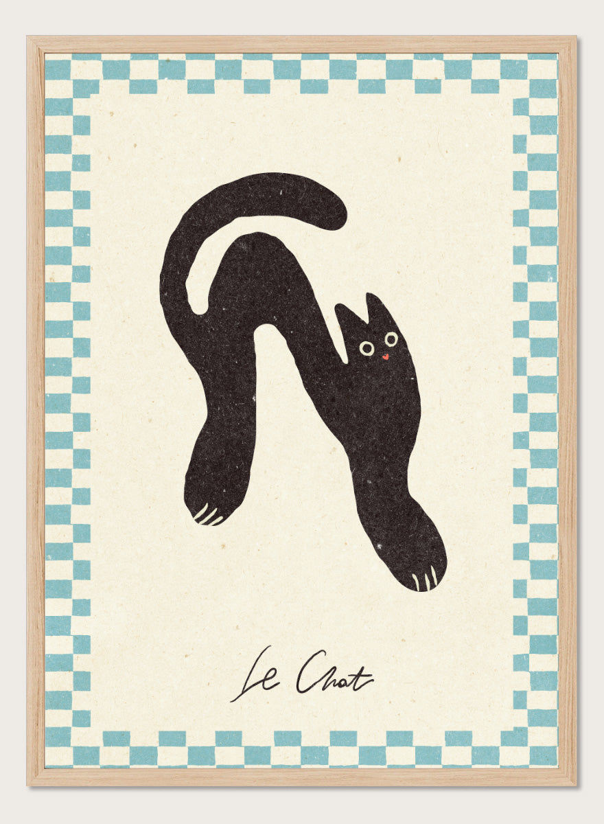 Shop Le Chat No.02 by NKTN, a playful black cat wall art print poster featuring a stretched cat, checkerboard border, and quirky vintage-inspired style.