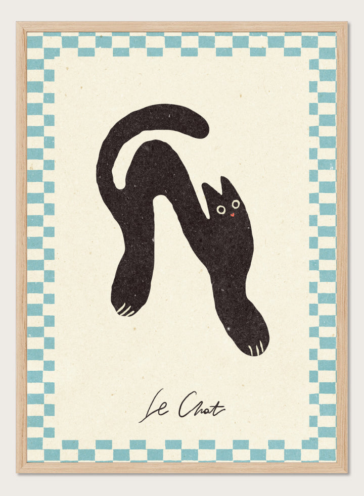 Shop Le Chat No.02 by NKTN, a playful black cat wall art print poster featuring a stretched cat, checkerboard border, and quirky vintage-inspired style.